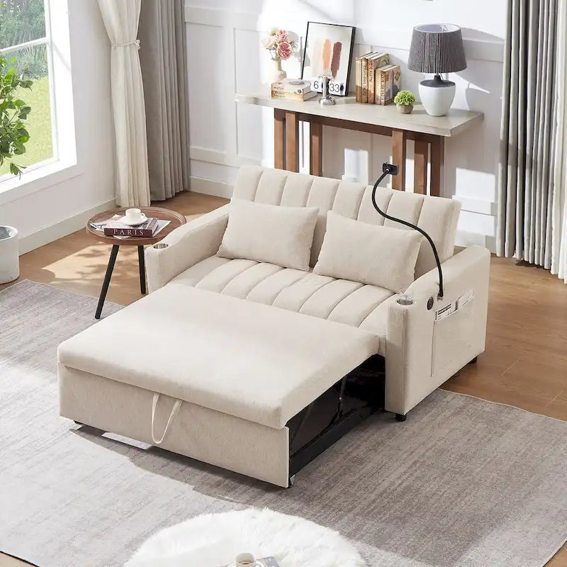 Convertible Sofa Bed with USB Ports, Side Pockets and Swivel Holder
