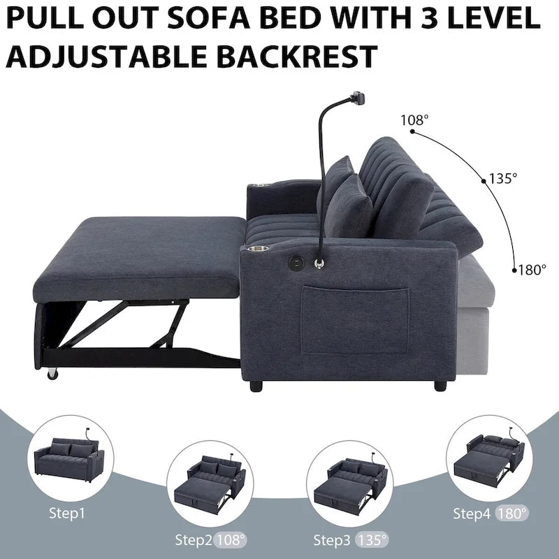 Convertible Sofa Bed with USB Ports, Side Pockets and Swivel Holder