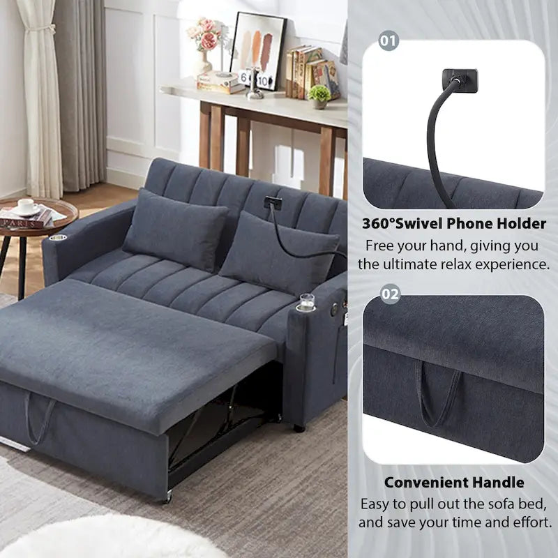 Convertible Sofa Bed with USB Ports, Side Pockets and Swivel Holder