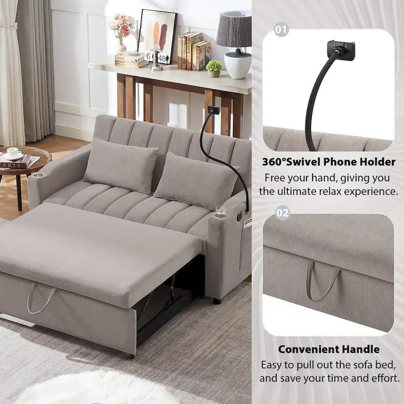 Convertible Sofa Bed with USB Ports, Side Pockets and Swivel Holder