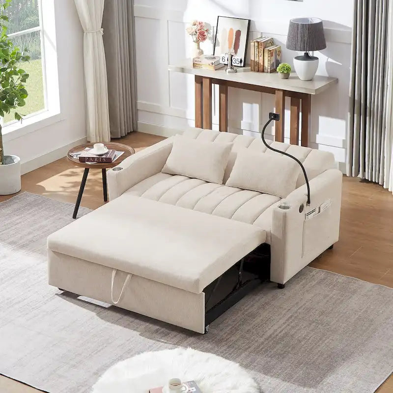 Convertible Sofa Bed with USB Ports, Side Pockets and Swivel Holder