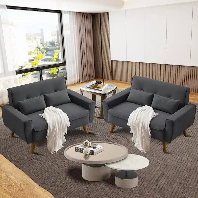 48.82 Small Tufted Loveseat Sofa 2 Set with Tapered Wood Legs