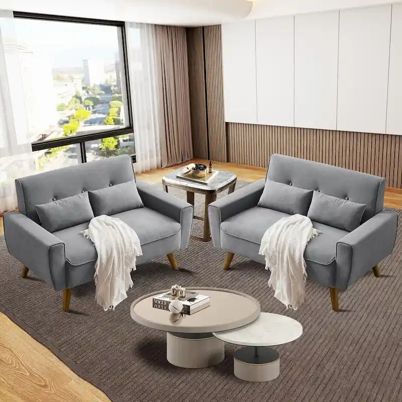 48.82 Small Tufted Loveseat Sofa 2 Set with Tapered Wood Legs