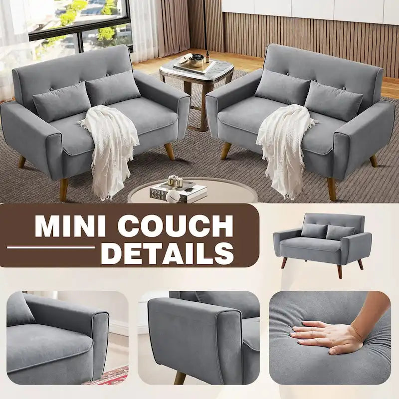 48.82 Small Tufted Loveseat Sofa 2 Set with Tapered Wood Legs