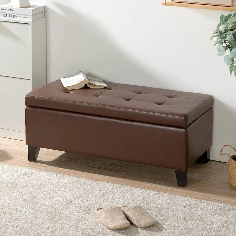 Storage Ottoman with Wooden Legs, Faux Leather Ottoman with Storage for Living Room, Bedroom & Hallway