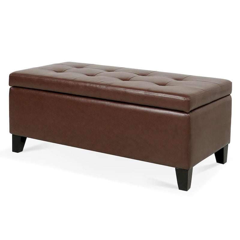 Storage Ottoman with Wooden Legs, Faux Leather Ottoman with Storage for Living Room, Bedroom & Hallway