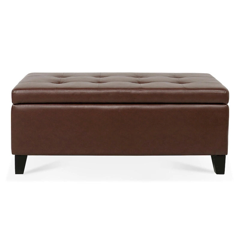 Storage Ottoman with Wooden Legs, Faux Leather Ottoman with Storage for Living Room, Bedroom & Hallway