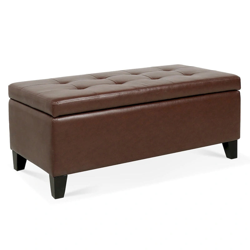 Storage Ottoman with Wooden Legs, Faux Leather Ottoman with Storage for Living Room, Bedroom & Hallway