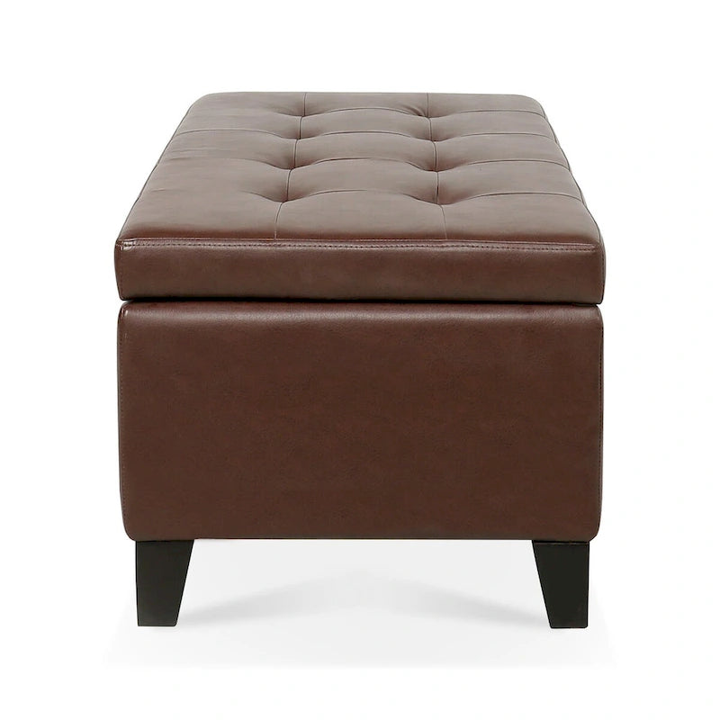 Storage Ottoman with Wooden Legs, Faux Leather Ottoman with Storage for Living Room, Bedroom & Hallway