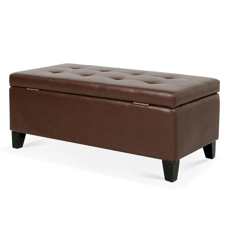 Storage Ottoman with Wooden Legs, Faux Leather Ottoman with Storage for Living Room, Bedroom & Hallway