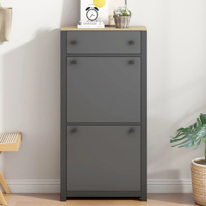 Entryway Organizer with 2 Drawers,Wood Grain Pattern Top Shoe Cabinet with Drawer, Free Standing Shoe Rack with Adjustable Panel