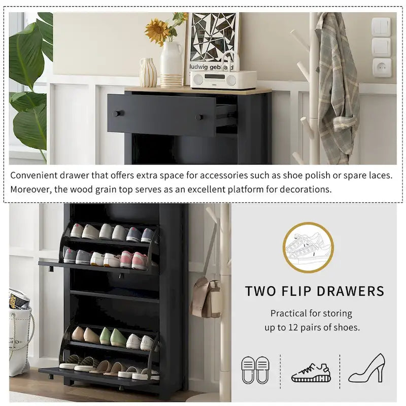 Entryway Organizer with 2 Drawers,Wood Grain Pattern Top Shoe Cabinet with Drawer, Free Standing Shoe Rack with Adjustable Panel