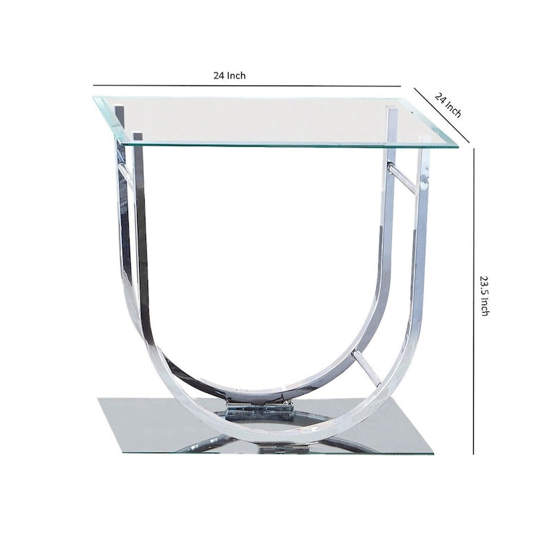 Tempered Glass Top End Table with U Shape Metal Frame, Chrome and Clear