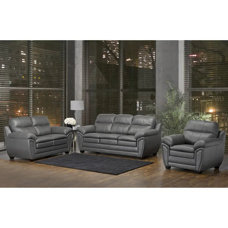 Marcus Premium Grey Top Grain Leather Sofa, Loveseat and Chair