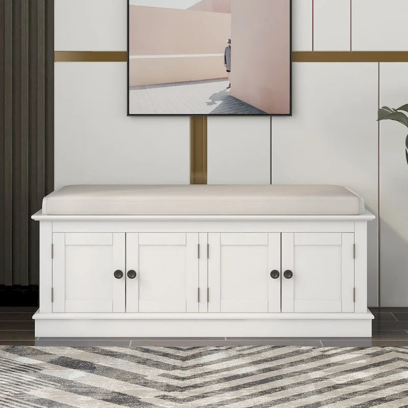 Storage Bench with 4 Doors and Adjustable Shelves, Shoe Bench with Removable Cushion