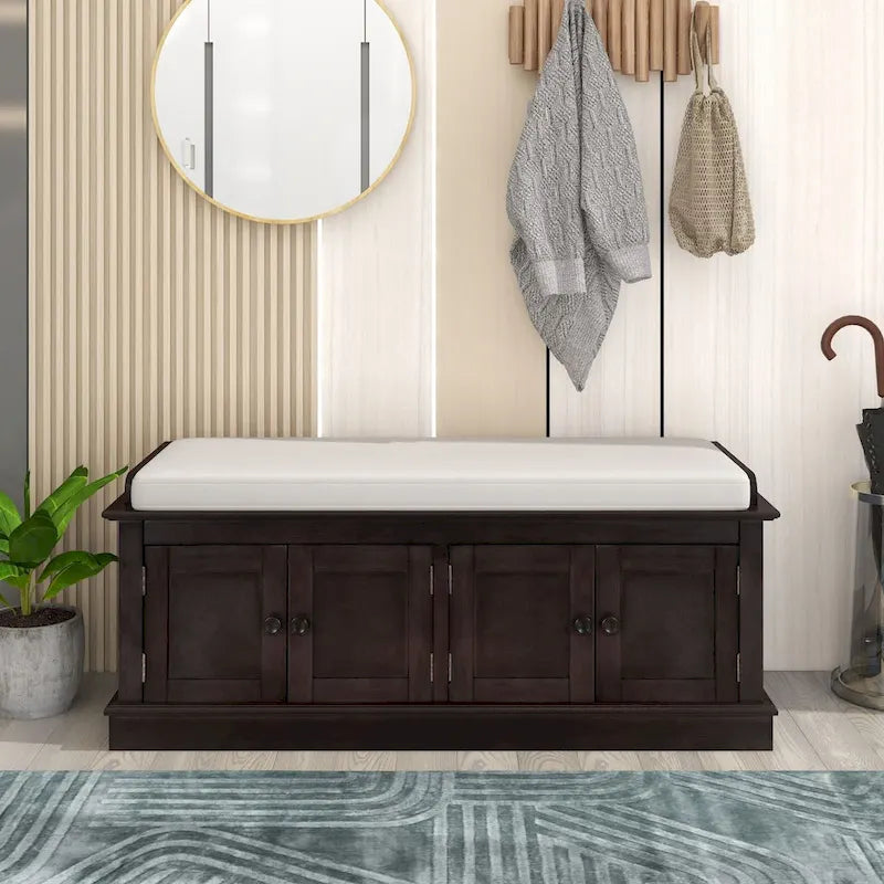 Storage Bench with 4 Doors and Adjustable Shelves, Shoe Bench with Removable Cushion