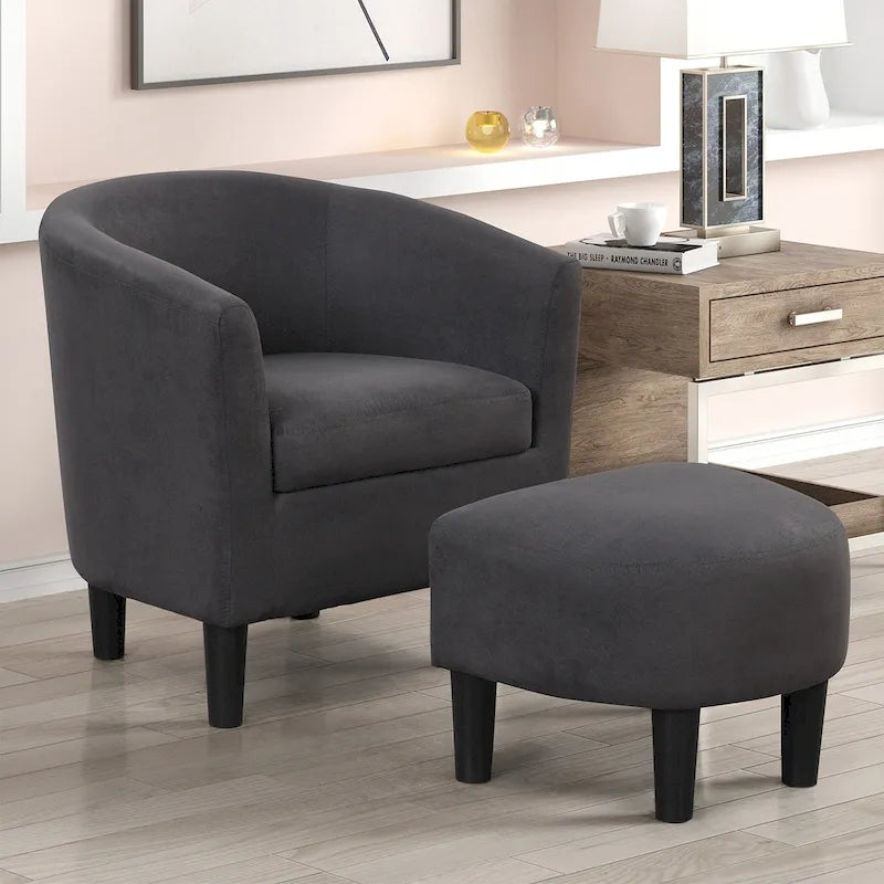 Classic Barrel Accent Chair Upholstered in Soft Polyester Fabric Footrest included
