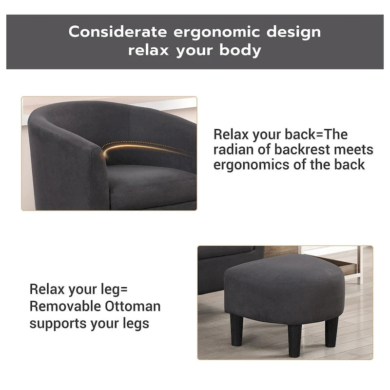 Classic Barrel Accent Chair Upholstered in Soft Polyester Fabric Footrest included