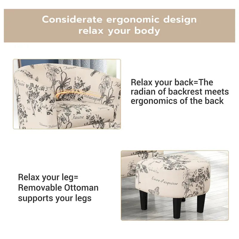 Classic Barrel Accent Chair Upholstered in Soft Polyester Fabric Footrest included