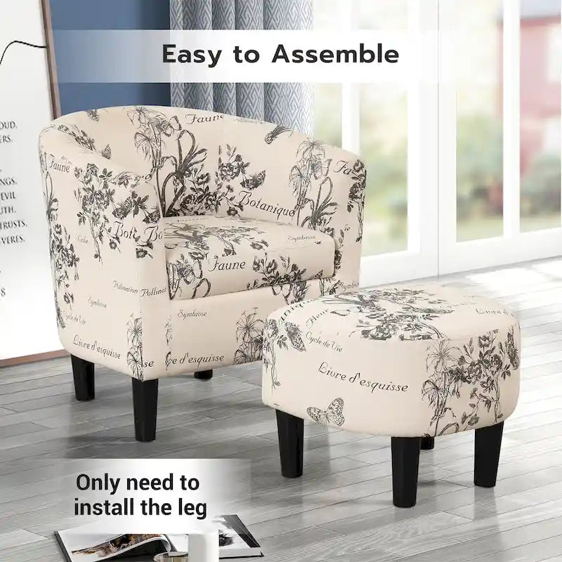 Classic Barrel Accent Chair Upholstered in Soft Polyester Fabric Footrest included