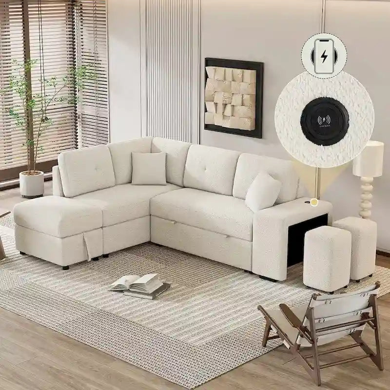 Sectional Sofa Pull Out Sofa Bed with Storage Ottoman, Convertible Sleeper for Living Room