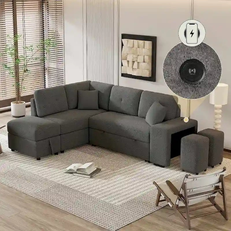 Sectional Sofa Pull Out Sofa Bed with Storage Ottoman, Convertible Sleeper for Living Room