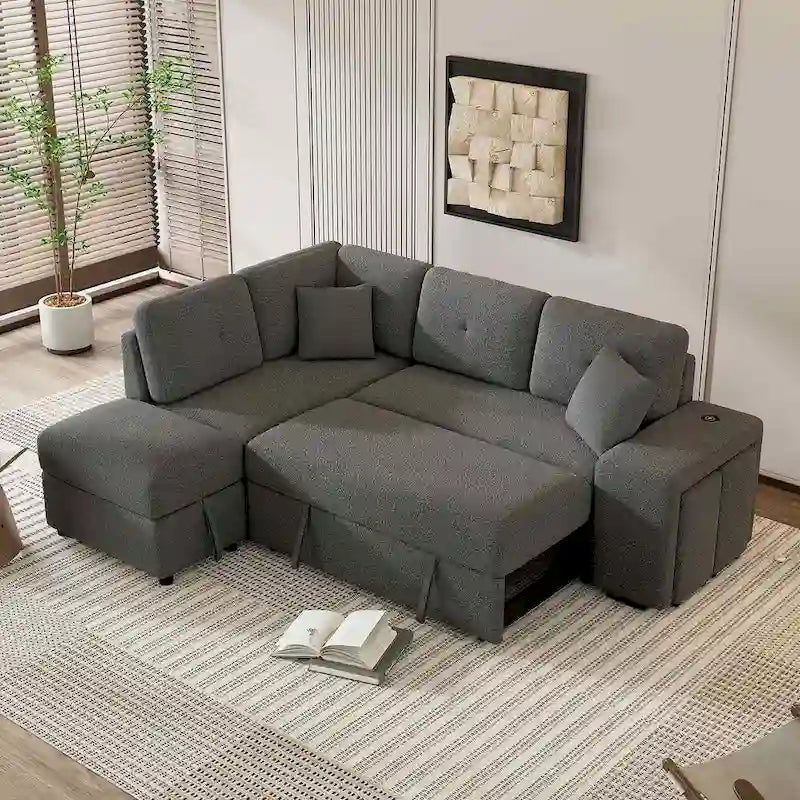 Sectional Sofa Pull Out Sofa Bed with Storage Ottoman, Convertible Sleeper for Living Room