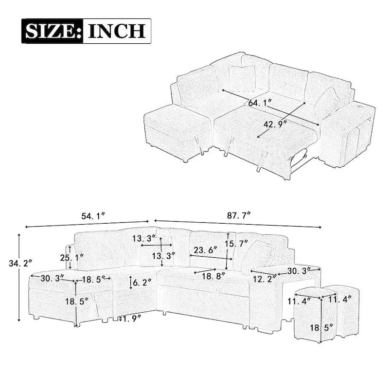 Sectional Sofa Pull Out Sofa Bed with Storage Ottoman, Convertible Sleeper for Living Room