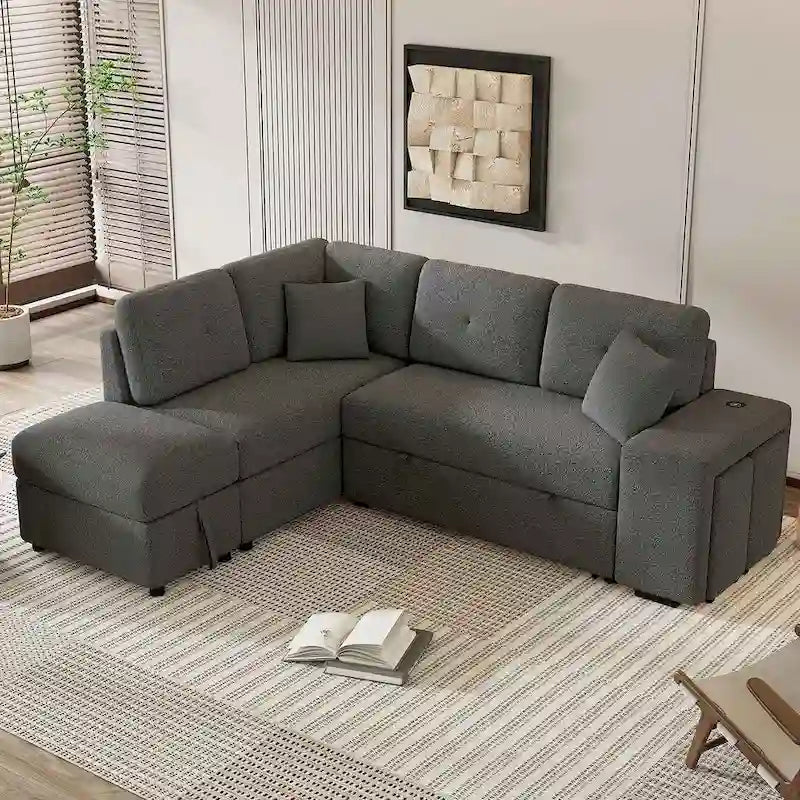 Sectional Sofa Pull Out Sofa Bed with Storage Ottoman, Convertible Sleeper for Living Room