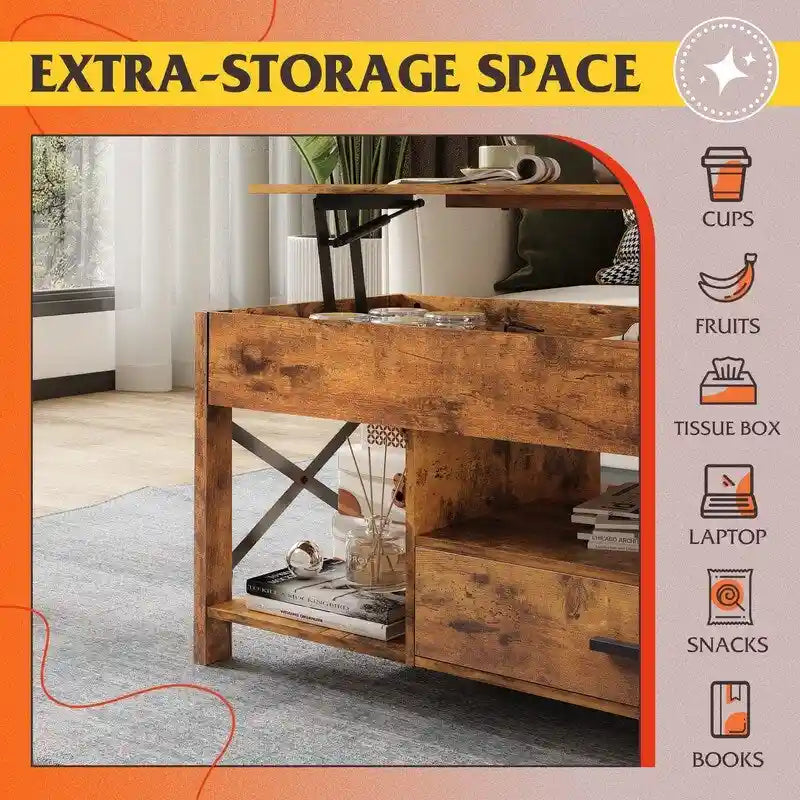 Coffee Table for Living Room with Storage - 18.9D x 38.58W x 17.83H