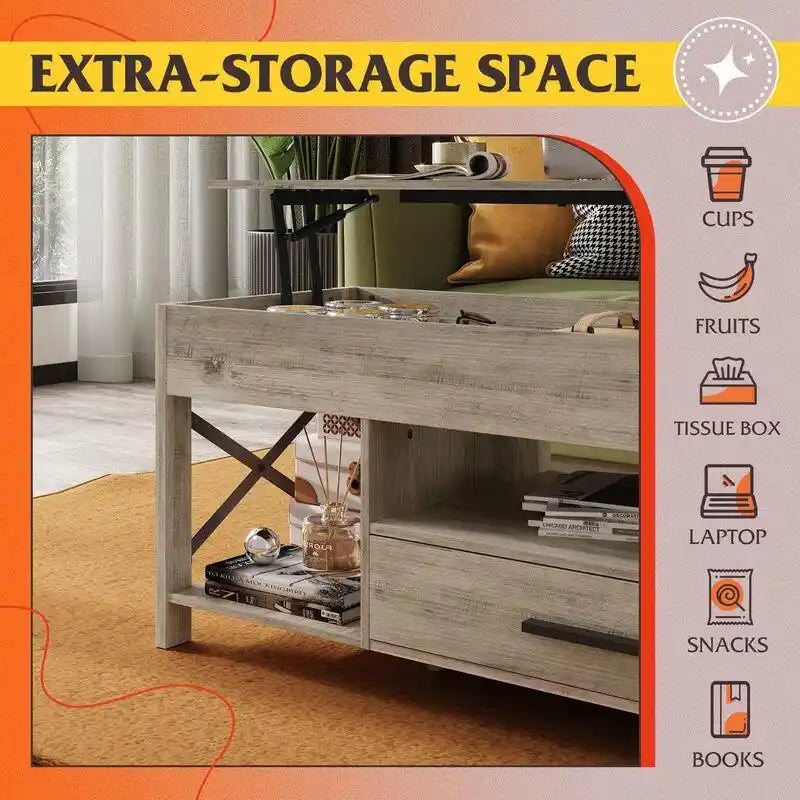 Coffee Table for Living Room with Storage - 18.9D x 38.58W x 17.83H