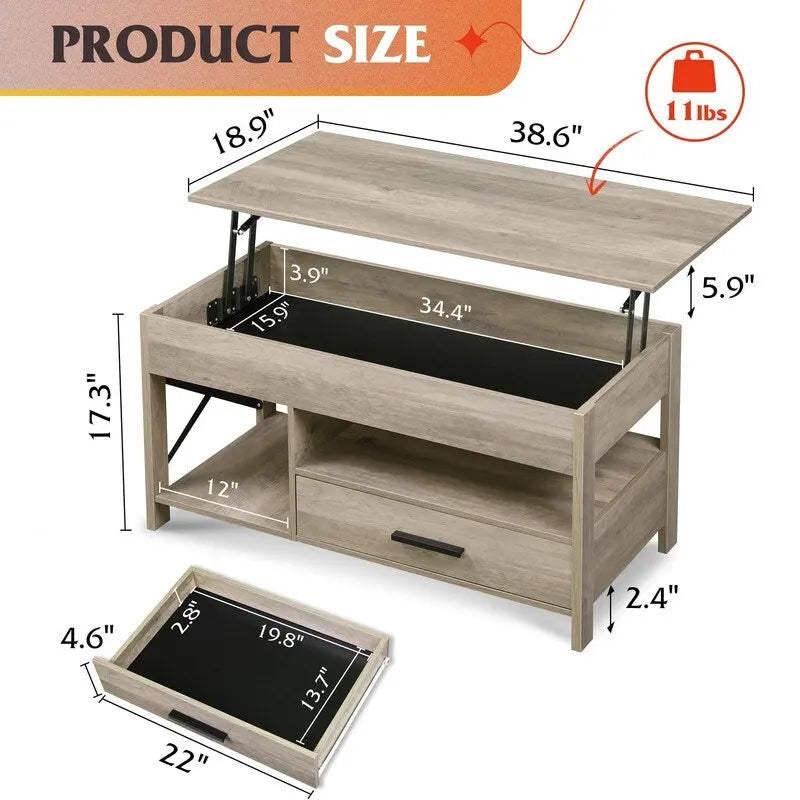 Coffee Table for Living Room with Storage - 18.9D x 38.58W x 17.83H