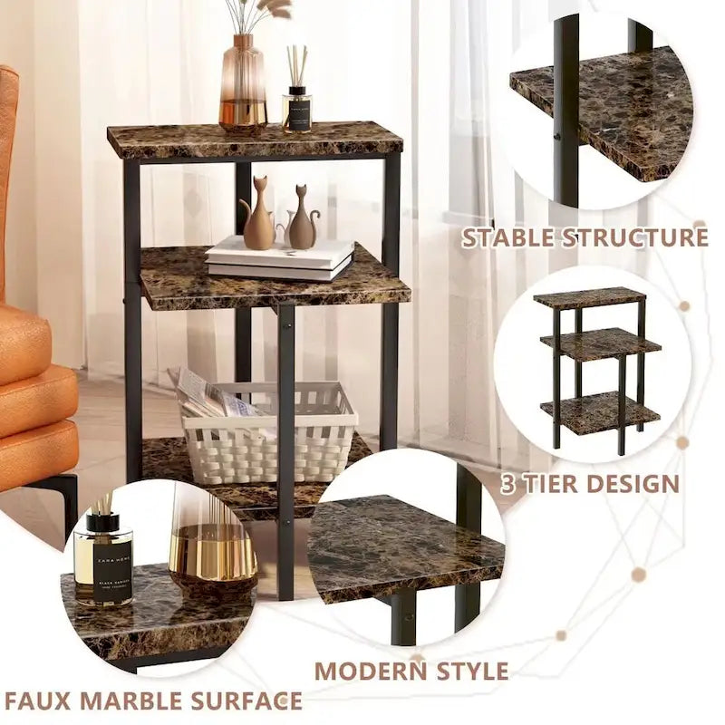 Modern 3 Tier End Table with Marble Tabletop