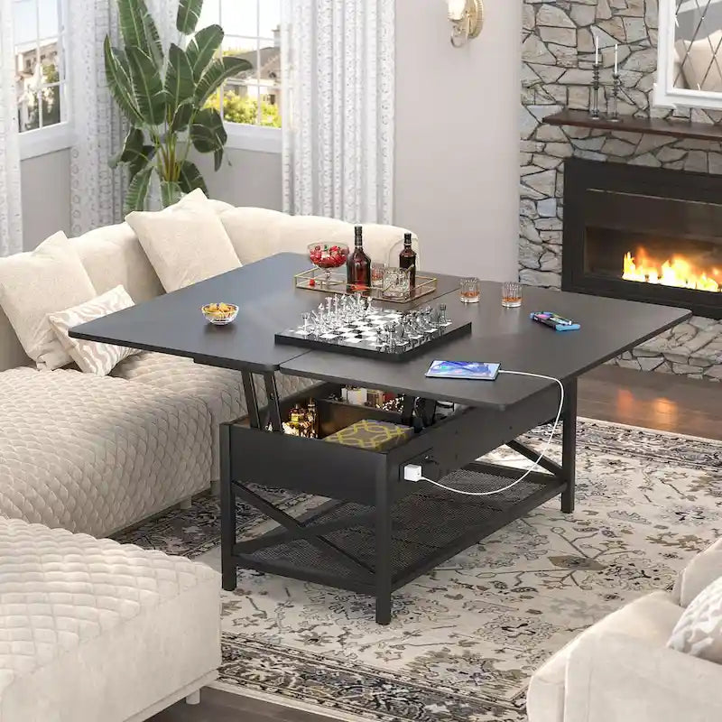 Modern Black Expandable Lift Top Coffee Table Converts to Dining Table with LED Light and Power Outlet