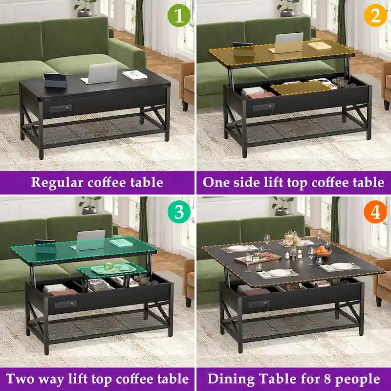 Modern Black Expandable Lift Top Coffee Table Converts to Dining Table with LED Light and Power Outlet