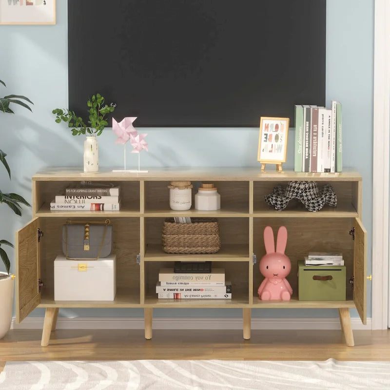 Anmytek Modern Rattan Wood TV Stand Console Table Entertainment Centers for TVs up to 65 - 59