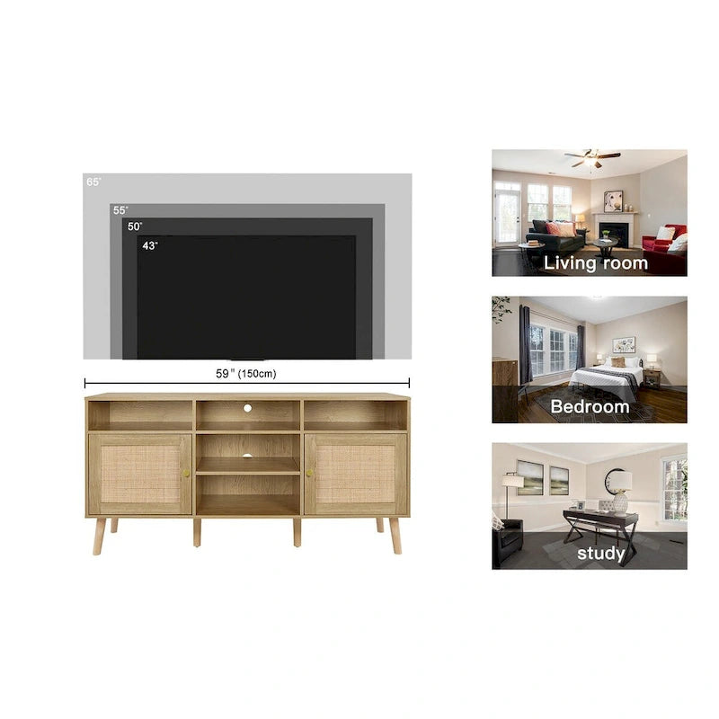 Anmytek Modern Rattan Wood TV Stand Console Table Entertainment Centers for TVs up to 65 - 59
