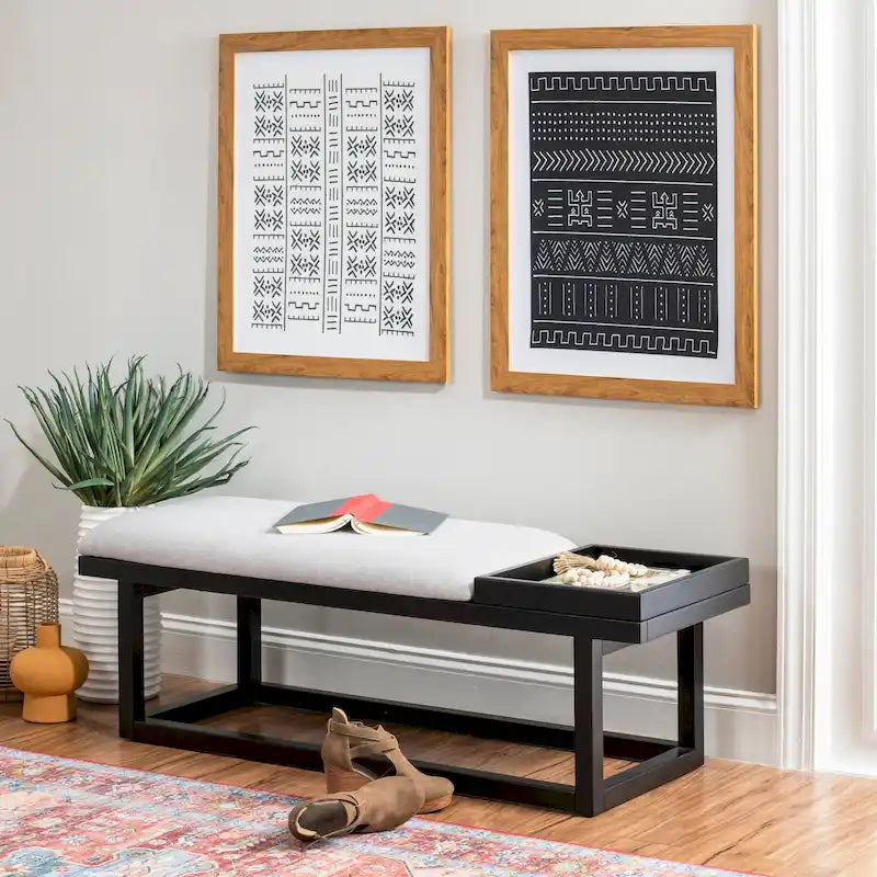 Aliza Grey Upholstered Solid Wood Bench with Tray