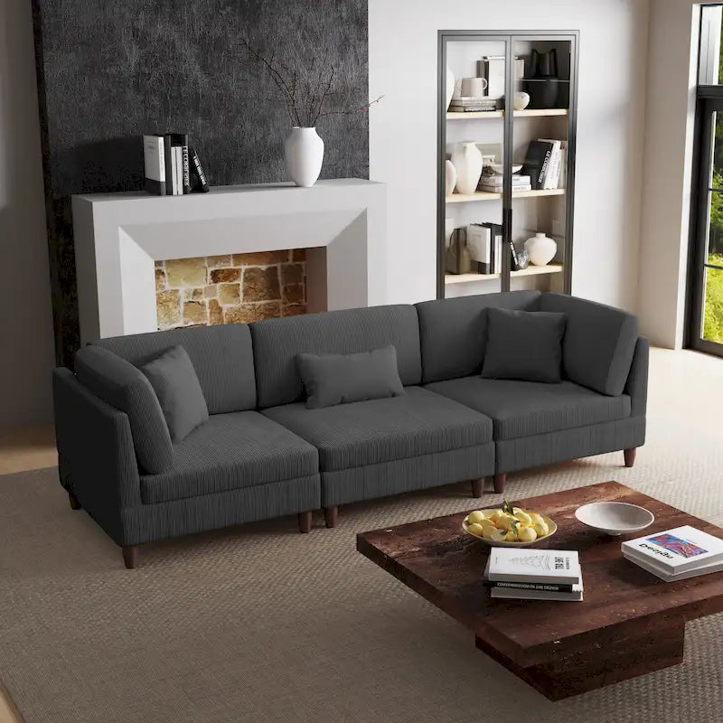 Corduroy Modular Sectional Sofa Set With Pillows