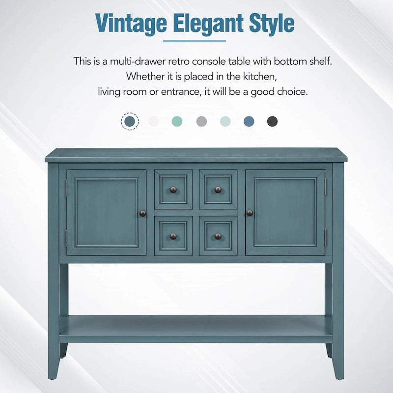 Vintage Console Table with Four Small Drawers and Bottom Shelf