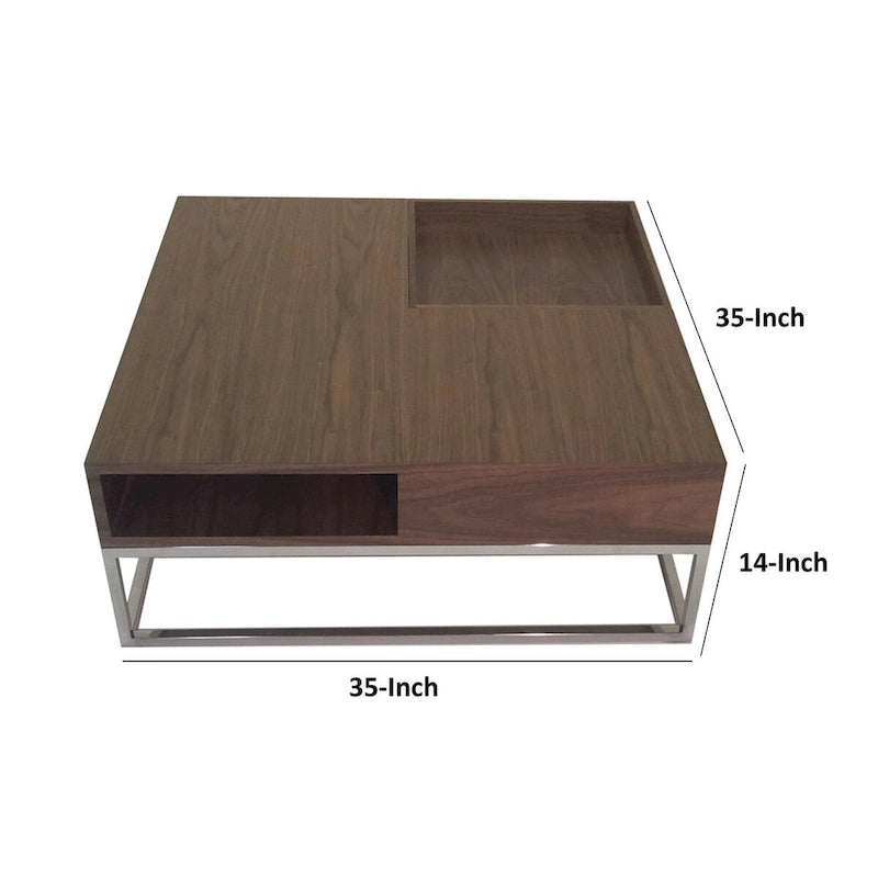 Rina 35 Inch Coffee Table, Removable Square Wood Tray, Storage, Steel Base