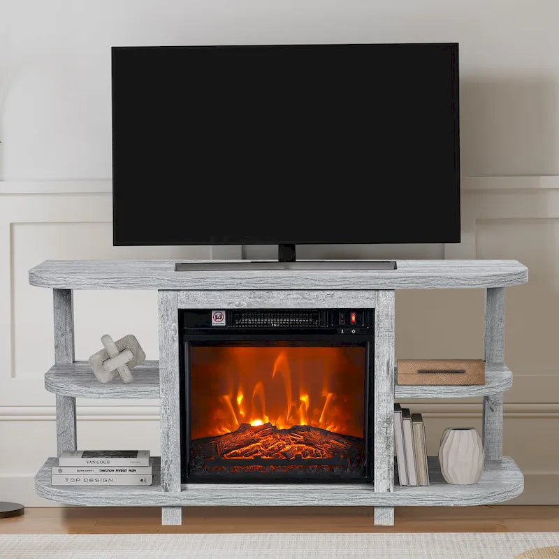 48 Modern Light Gray Fireplace TV Stands Console Table with Open Storage Shelves