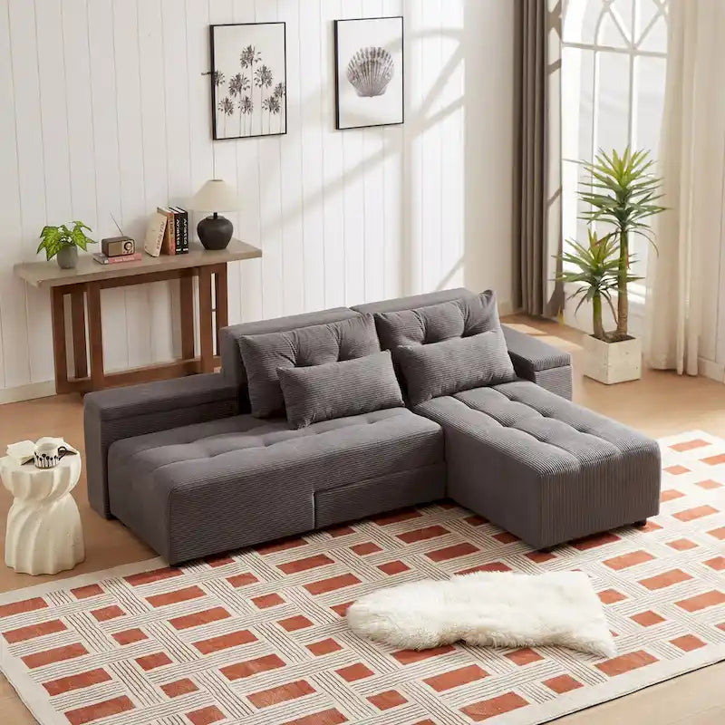 Modular Corduroy Sleeper Sofa & Sectional Set,Grey, 3-in-1 Design