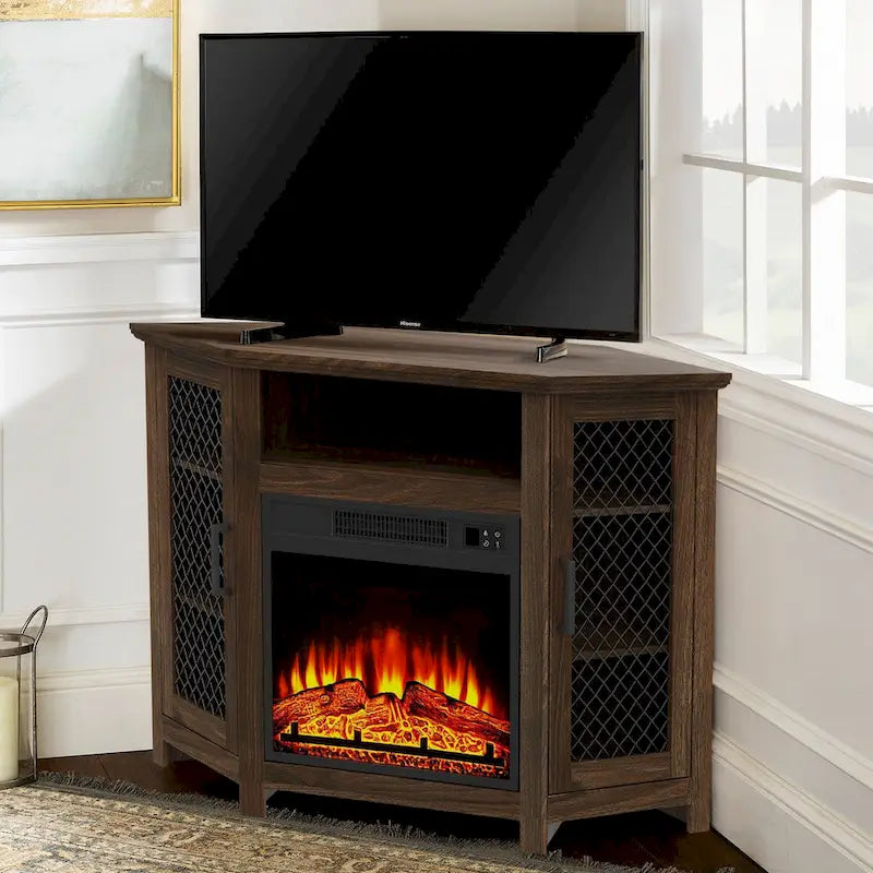 45 Industrial Corner Electric Fireplace TV Stands with 2 Metal Mesh Doors and Remote