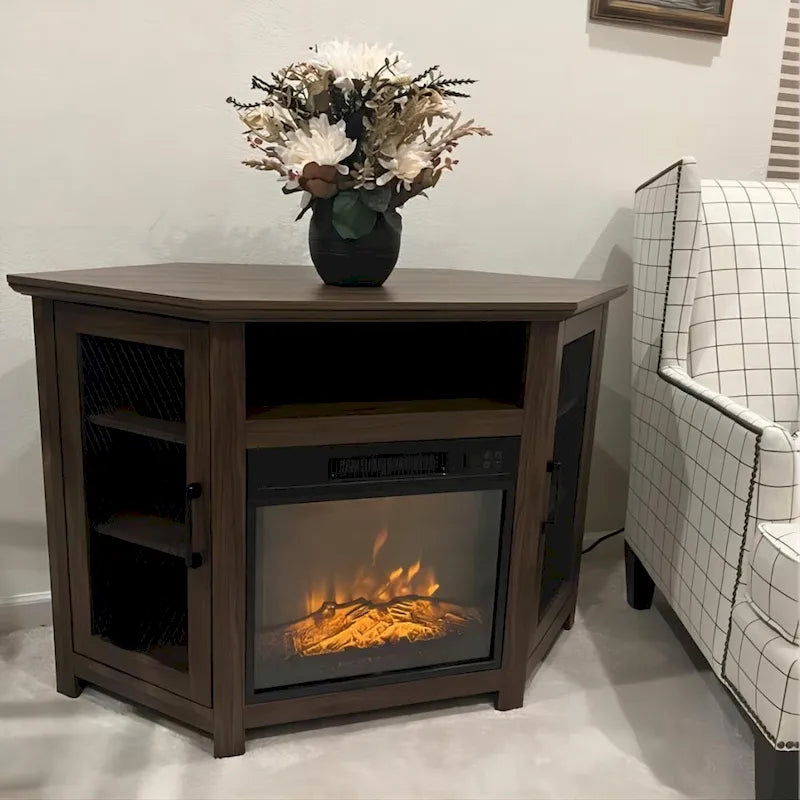 45 Industrial Corner Electric Fireplace TV Stands with 2 Metal Mesh Doors and Remote