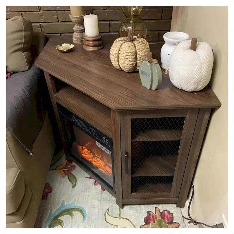 45 Industrial Corner Electric Fireplace TV Stands with 2 Metal Mesh Doors and Remote