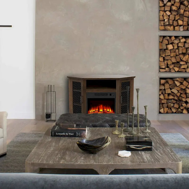 45 Industrial Corner Electric Fireplace TV Stands with 2 Metal Mesh Doors and Remote