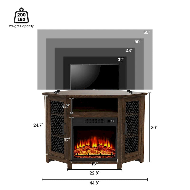 45 Industrial Corner Electric Fireplace TV Stands with 2 Metal Mesh Doors and Remote