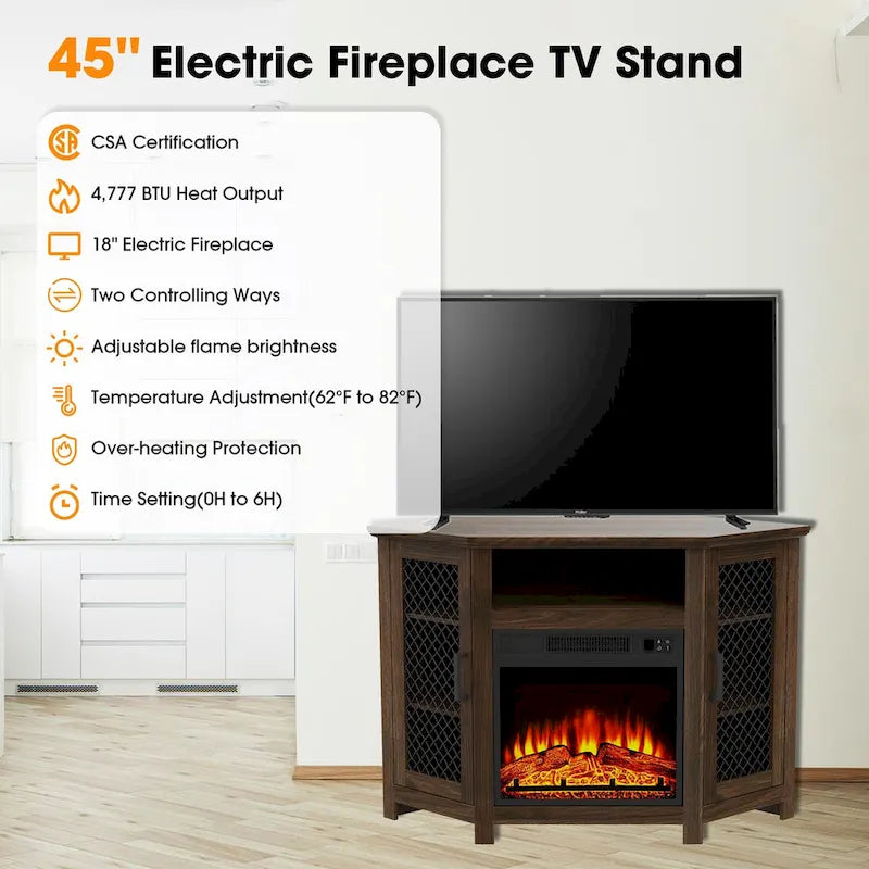 45 Industrial Corner Electric Fireplace TV Stands with 2 Metal Mesh Doors and Remote