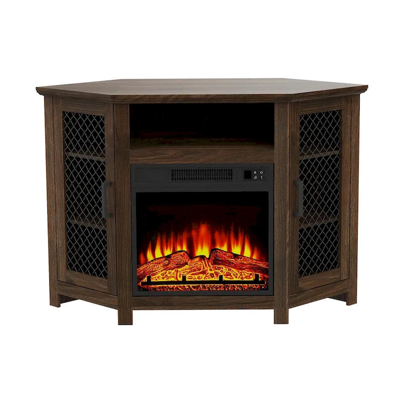 45 Industrial Corner Electric Fireplace TV Stands with 2 Metal Mesh Doors and Remote